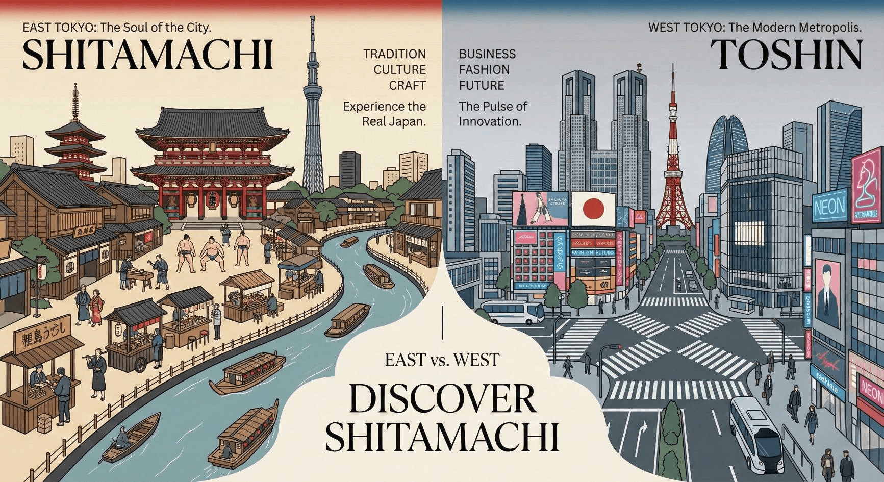 Comparison of Shitamachi (East Tokyo Asakusa) vs Toshin (West Tokyo Shibuya)